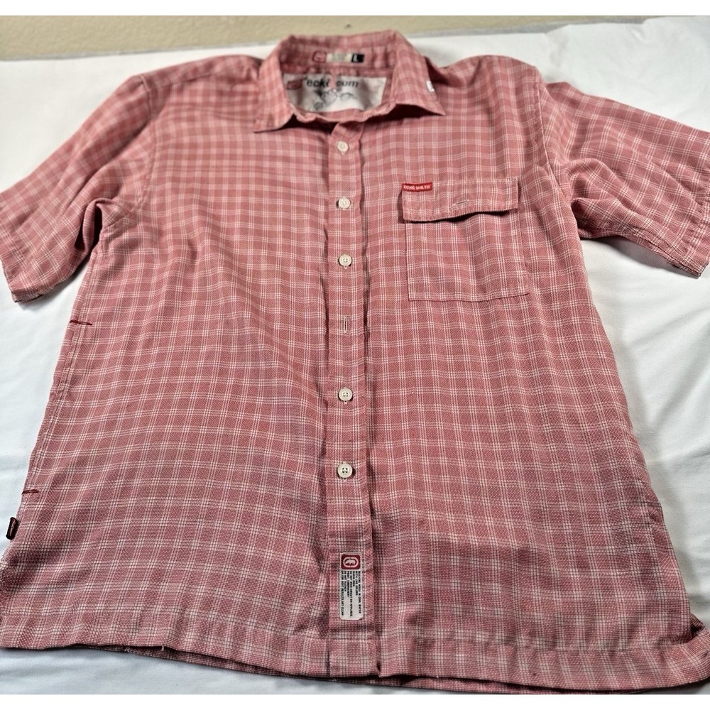 Ecko Unltd Shirt Men L Button Up Red Plaid Short Sleeve Chest Pocket Y2K